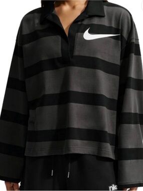 Nike Black and Gray Striped Rugby-Style Woman’s Top
